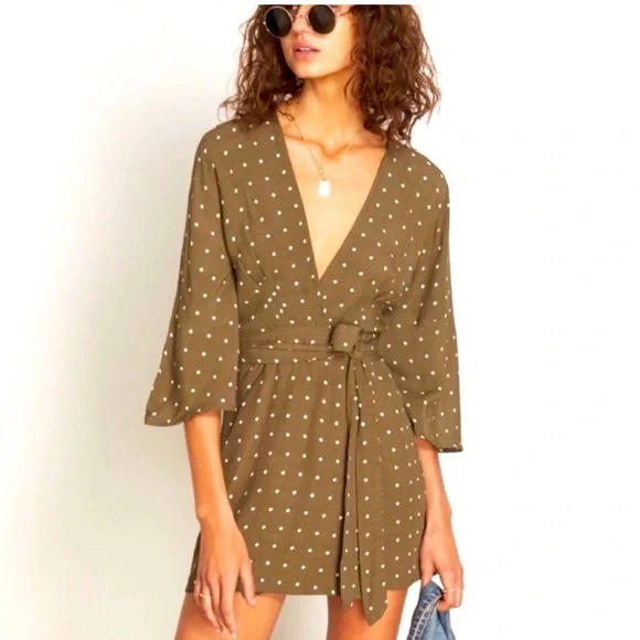 faithfull the brand green polka dot dress Faithfull the Brand Del Mar Smocked Mini Dress Green Polka Dot Crepe Size  Small main image 1